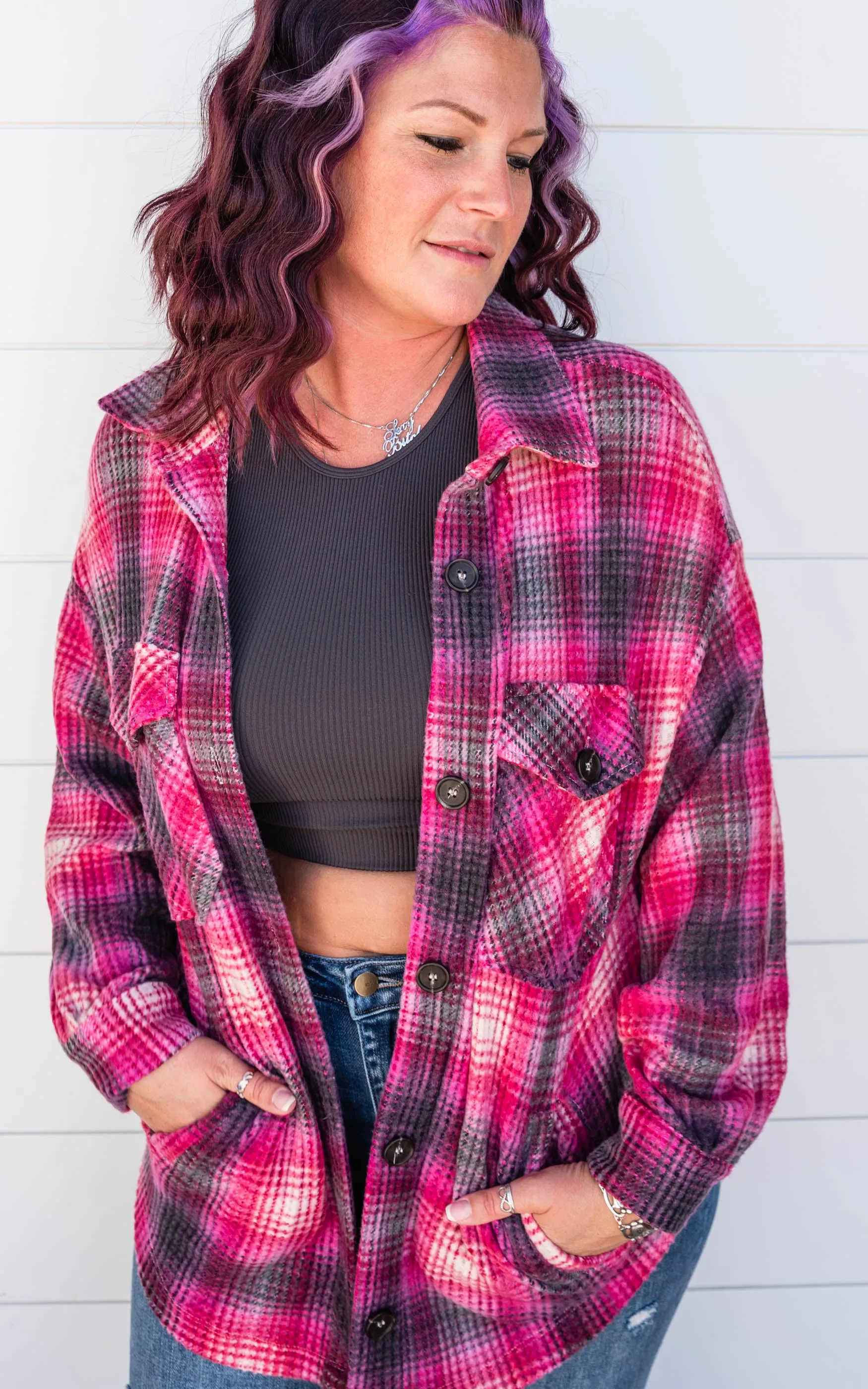 The Willow BRUSHED WAFFLE PLAID OVERSIZED SHACKET -Magenta