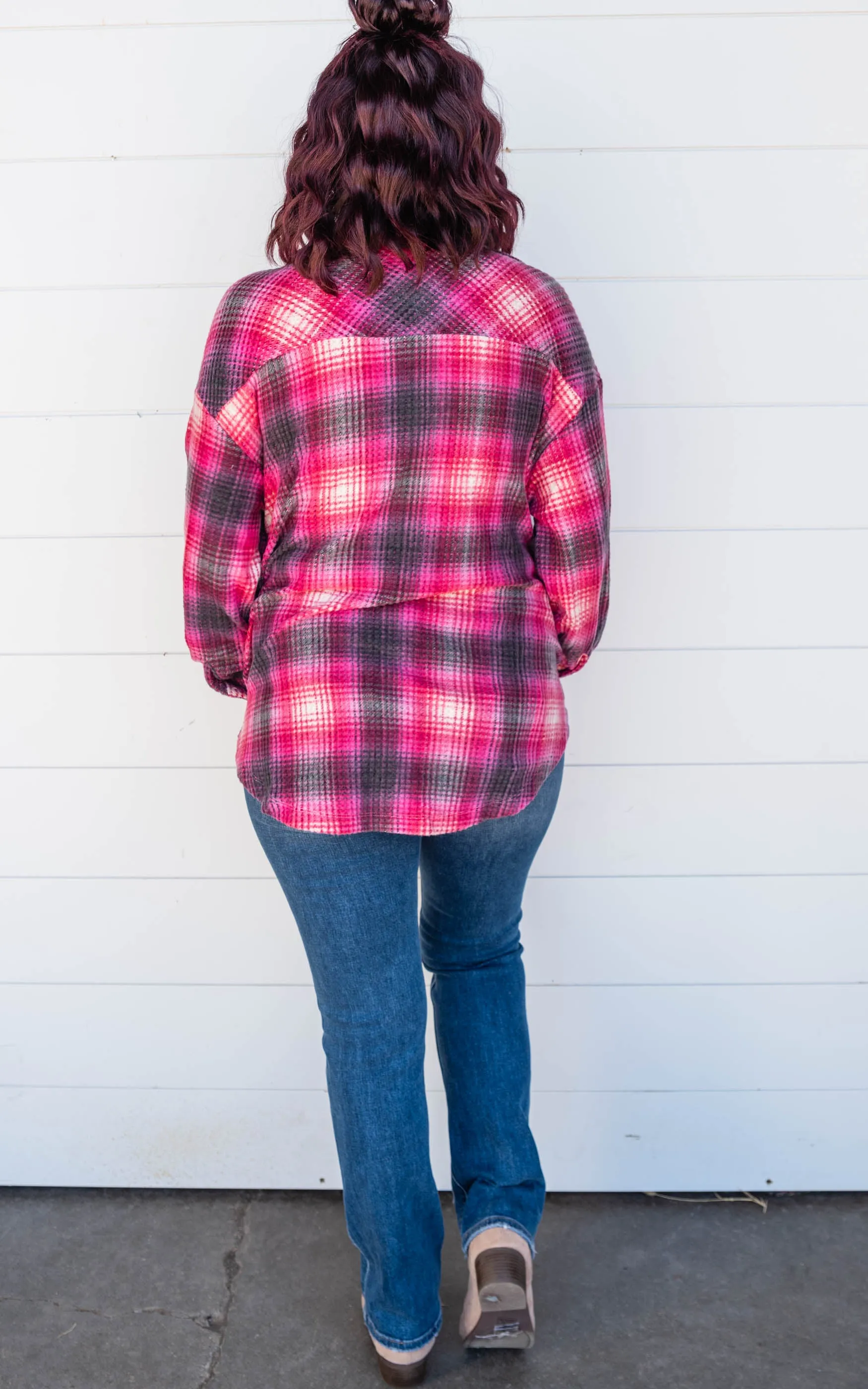 The Willow BRUSHED WAFFLE PLAID OVERSIZED SHACKET -Magenta