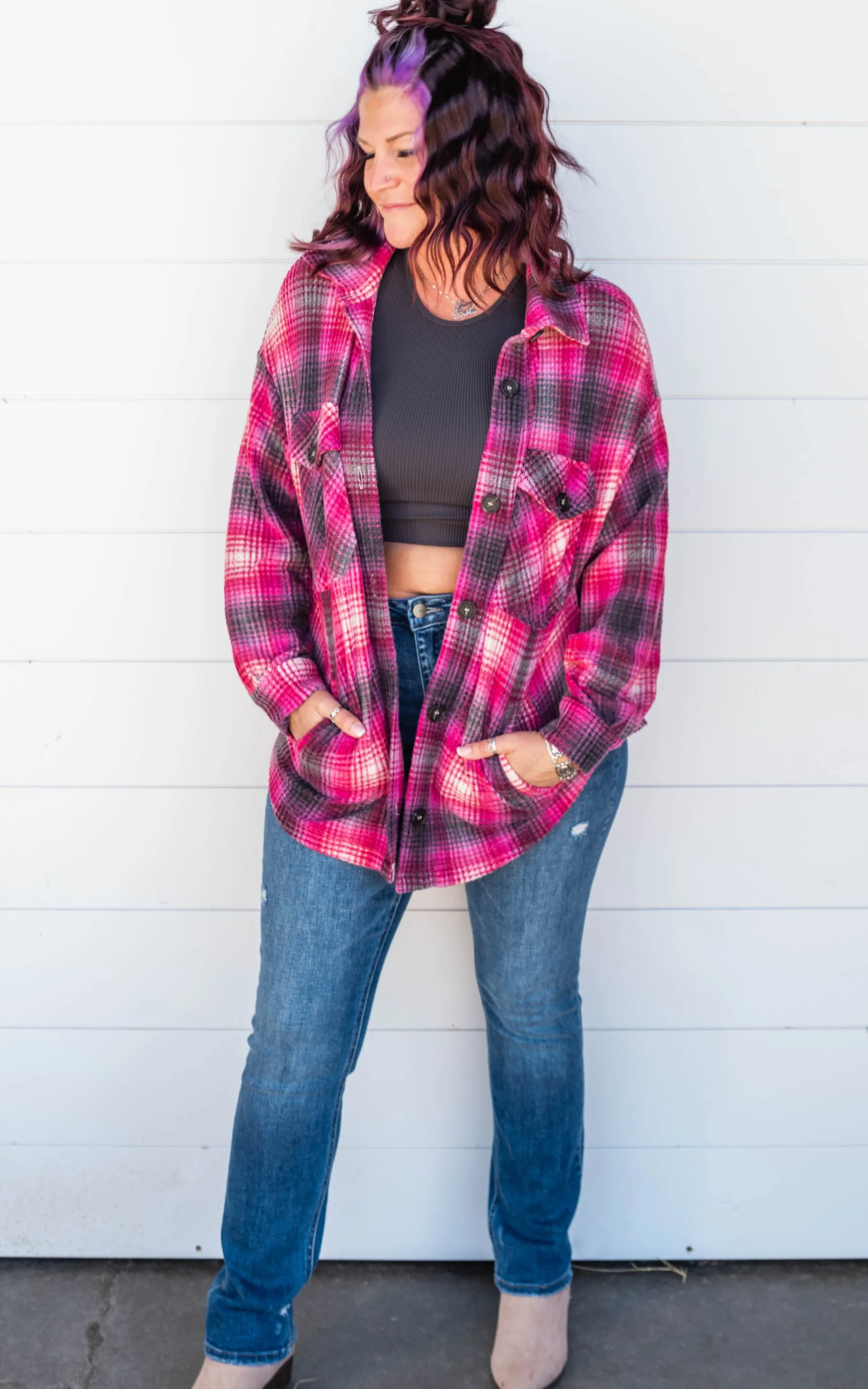 The Willow BRUSHED WAFFLE PLAID OVERSIZED SHACKET -Magenta