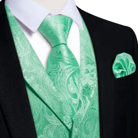 Ties2you Dress Vest Light Green Paisley Notched Collar Silk Mens Waistcoat Tie Set