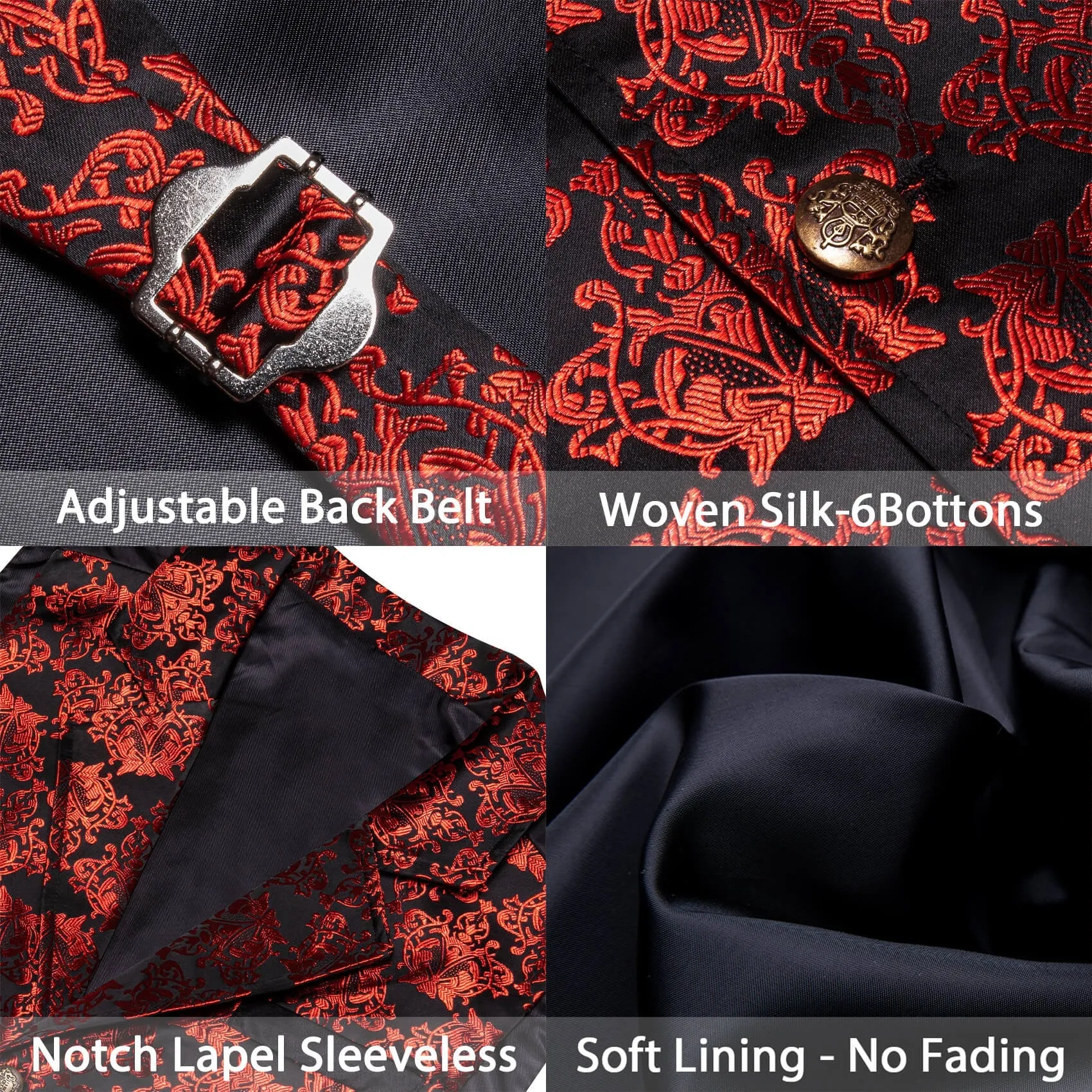 Ties2you Men's Vest Black Red Woven Floral Silk Waistcoat Suit Vest