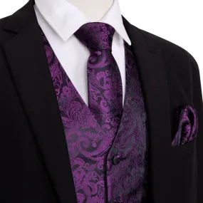 Ties2you Men's Vest Deep Purple Paisley Silk Vest Tie Hanky Cufflinks Set Waistcoat Suit Set