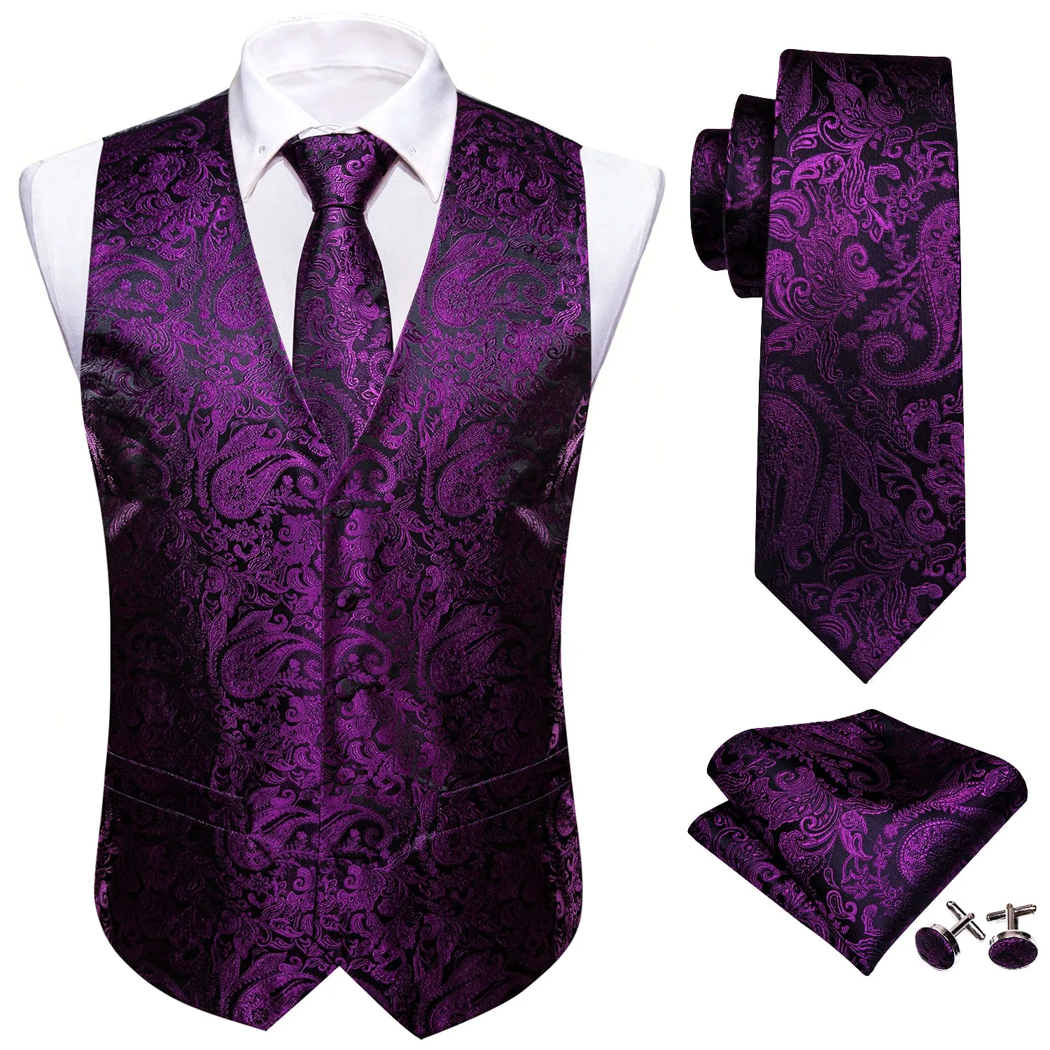 Ties2you Men's Vest Deep Purple Paisley Silk Vest Tie Hanky Cufflinks Set Waistcoat Suit Set