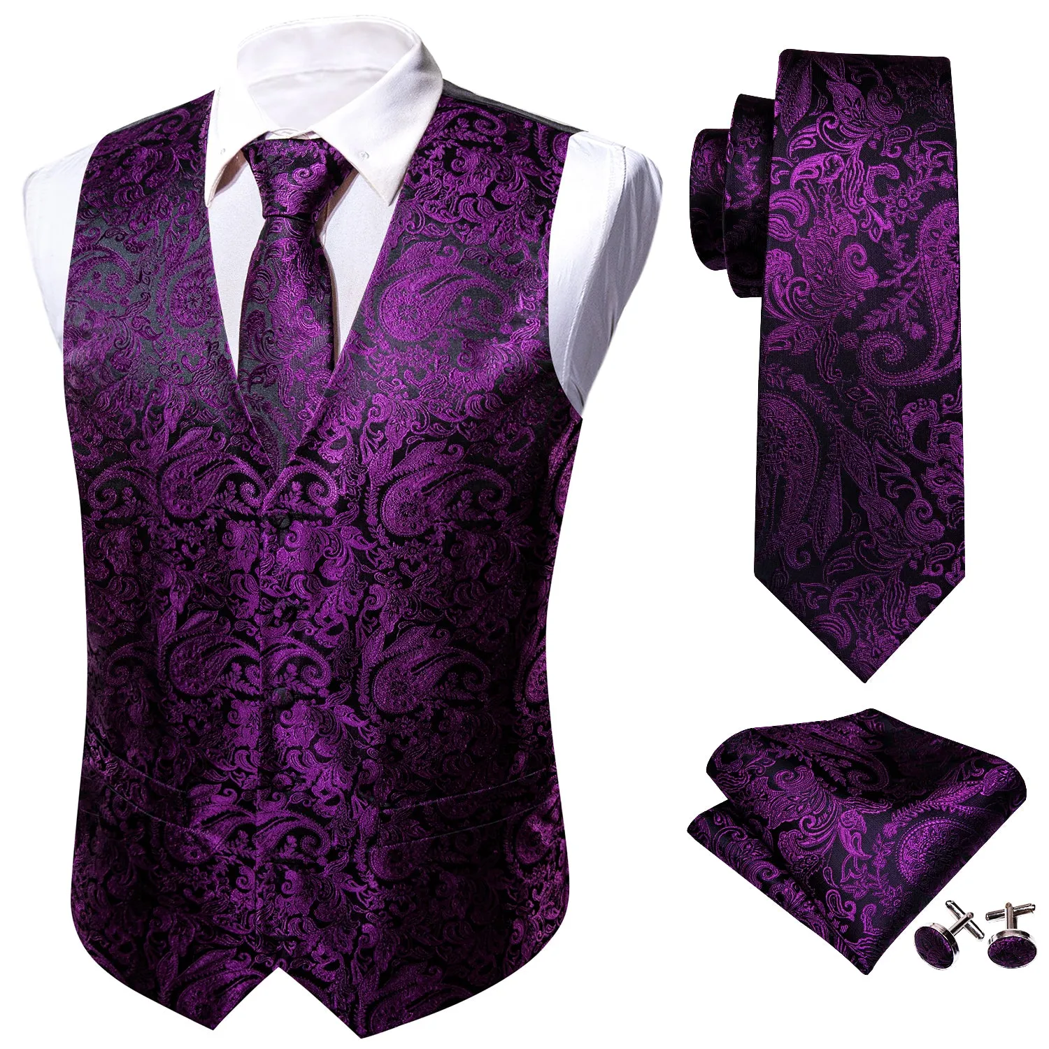 Ties2you Men's Vest Deep Purple Paisley Silk Vest Tie Hanky Cufflinks Set Waistcoat Suit Set