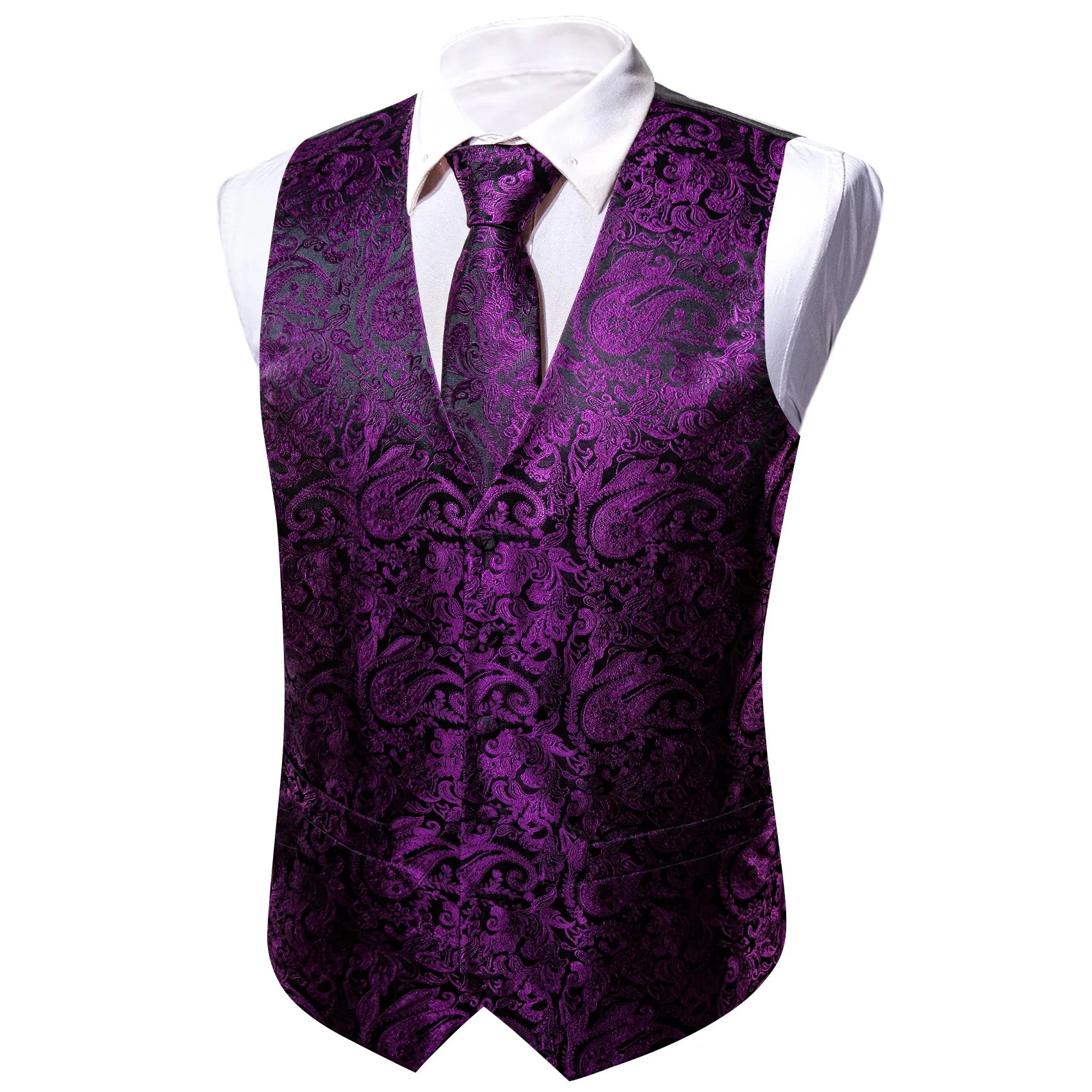 Ties2you Men's Vest Deep Purple Paisley Silk Vest Tie Hanky Cufflinks Set Waistcoat Suit Set