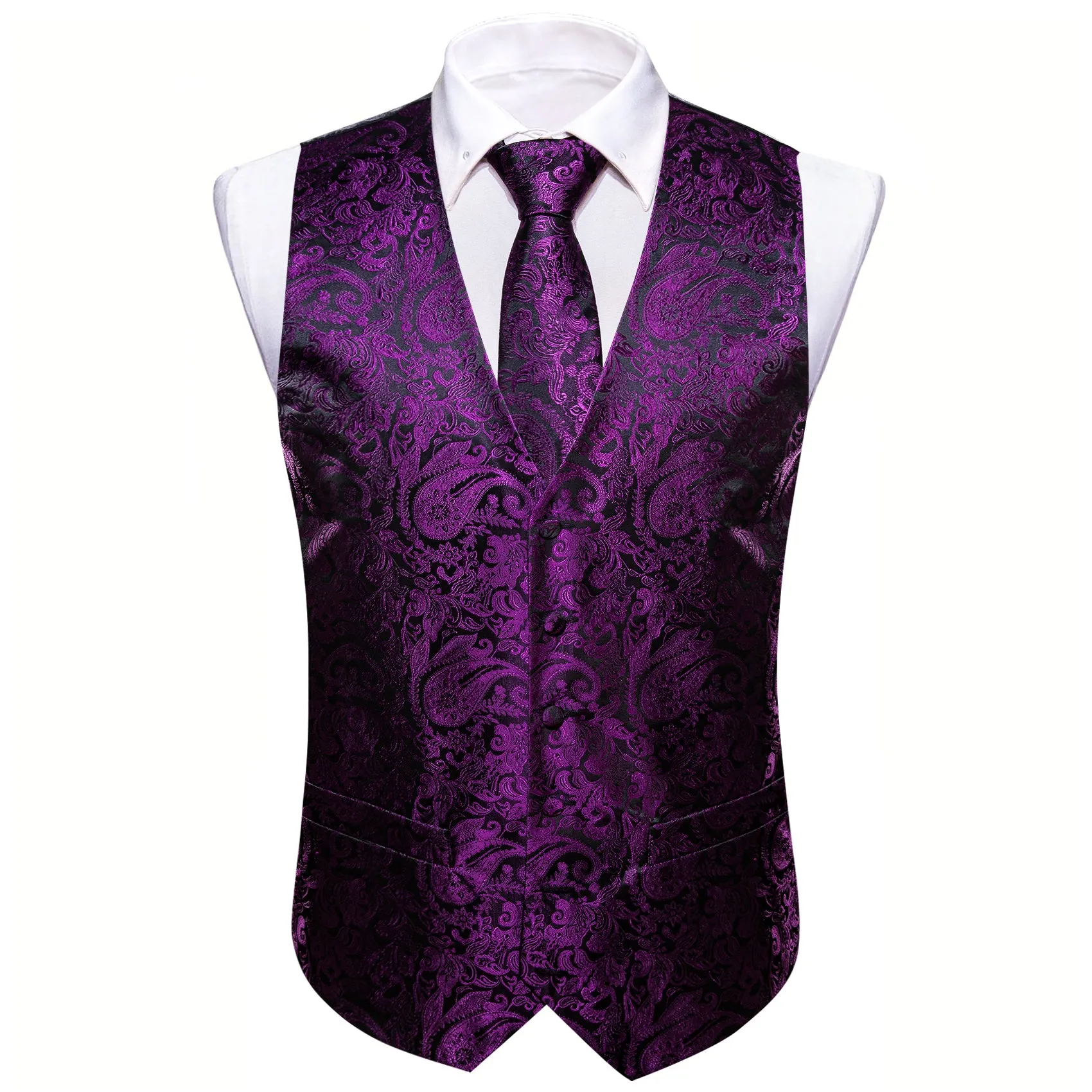 Ties2you Men's Vest Deep Purple Paisley Silk Vest Tie Hanky Cufflinks Set Waistcoat Suit Set