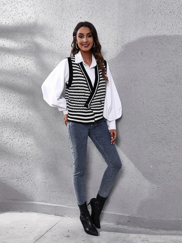 Toleet-Winter outfits Women's stripe knitted Cardigan Sweater Vest