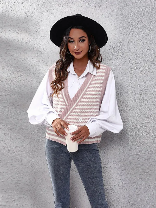 Toleet-Winter outfits Women's stripe knitted Cardigan Sweater Vest