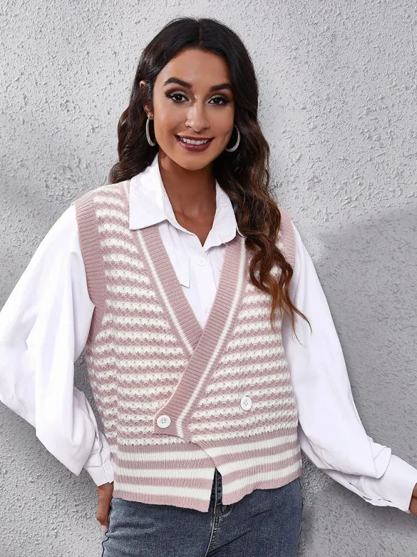 Toleet-Winter outfits Women's stripe knitted Cardigan Sweater Vest