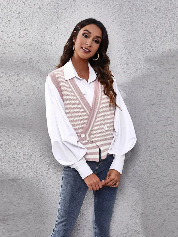 Toleet-Winter outfits Women's stripe knitted Cardigan Sweater Vest