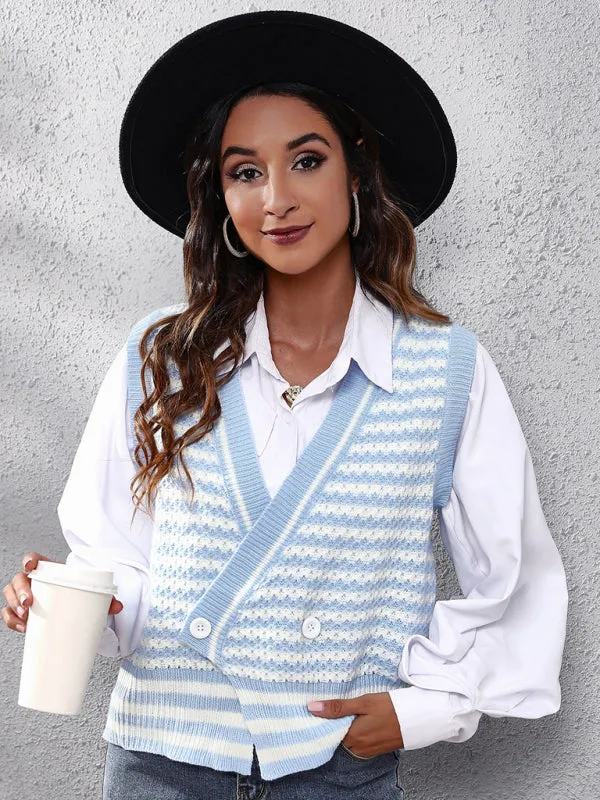 Toleet-Winter outfits Women's stripe knitted Cardigan Sweater Vest