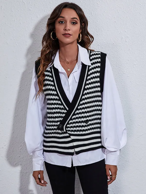 Toleet-Winter outfits Women's stripe knitted Cardigan Sweater Vest