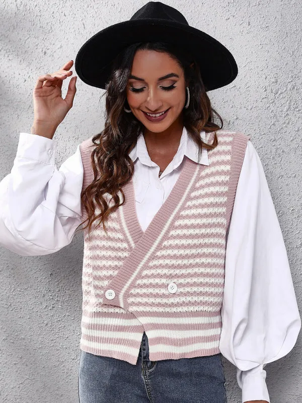 Toleet-Winter outfits Women's stripe knitted Cardigan Sweater Vest