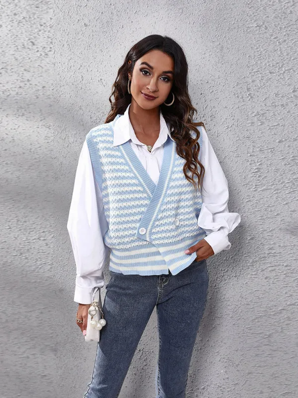 Toleet-Winter outfits Women's stripe knitted Cardigan Sweater Vest