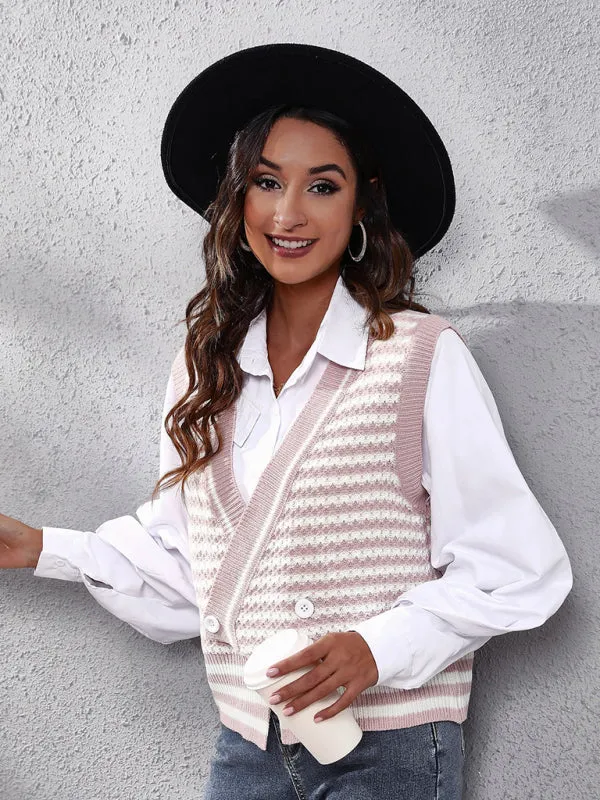 Toleet-Winter outfits Women's stripe knitted Cardigan Sweater Vest