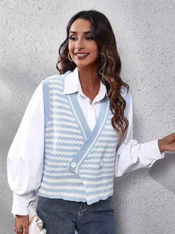 Toleet-Winter outfits Women's stripe knitted Cardigan Sweater Vest