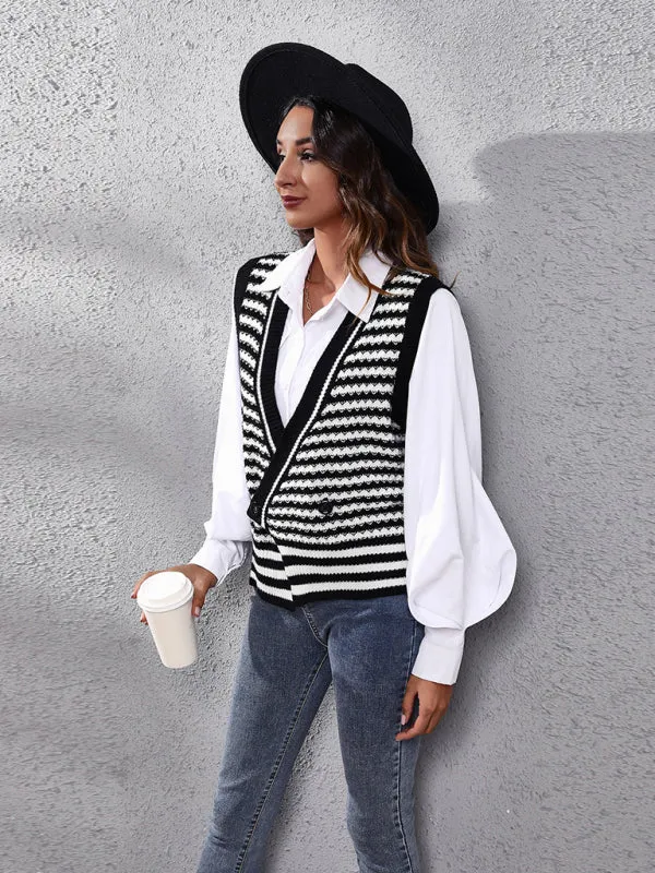 Toleet-Winter outfits Women's stripe knitted Cardigan Sweater Vest