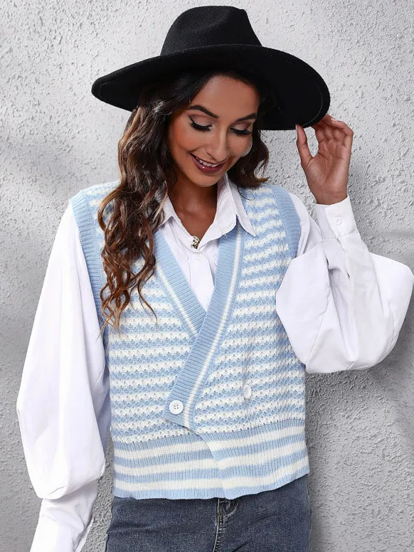 Toleet-Winter outfits Women's stripe knitted Cardigan Sweater Vest