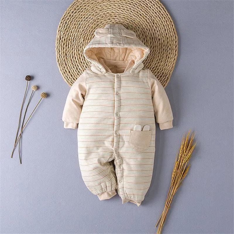 Unisex Strpied Hooded Soft Warm Sleeping Jumpsuit