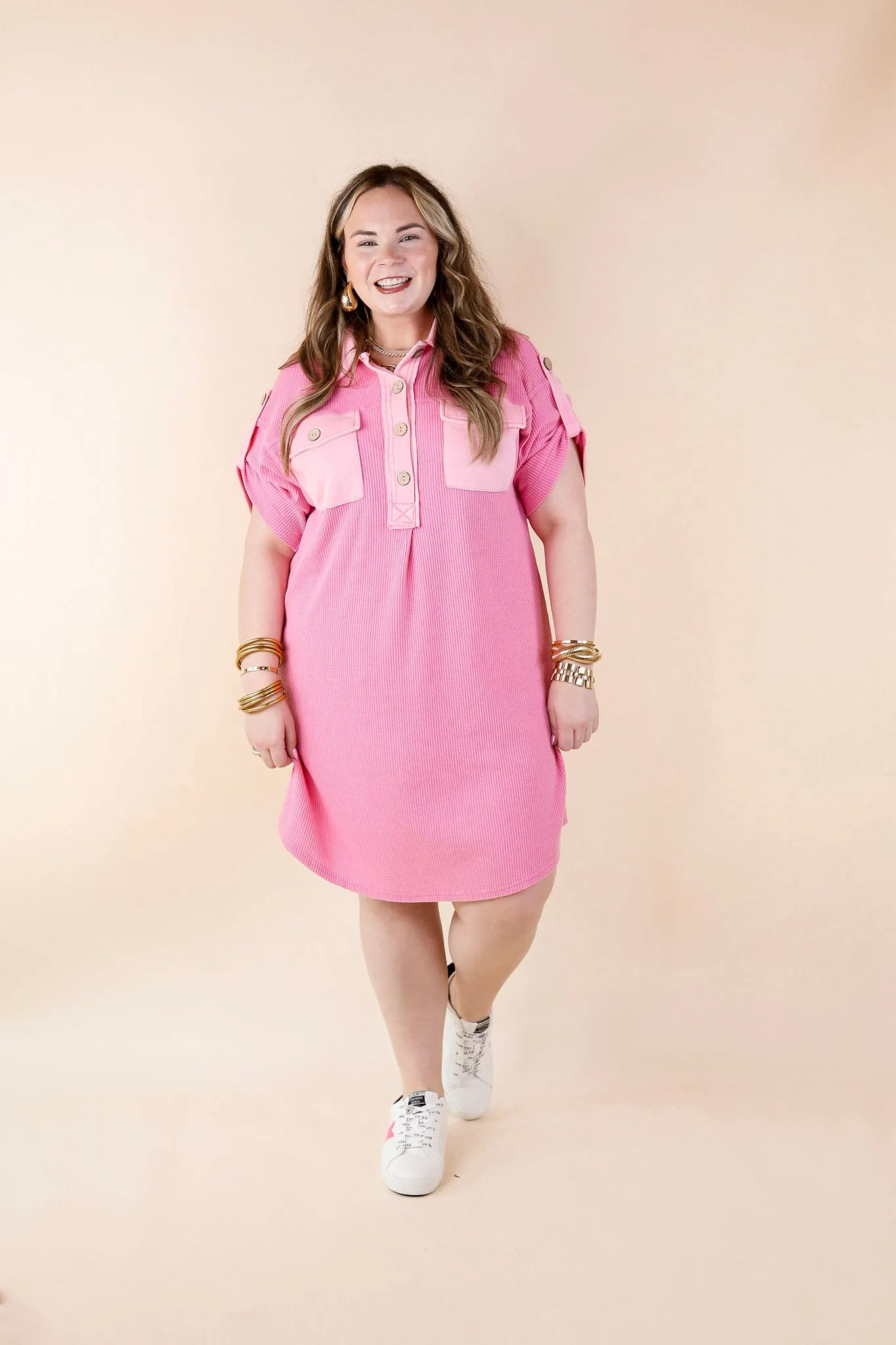 Vibe Check Waffle Knit Collared Dress in Pink