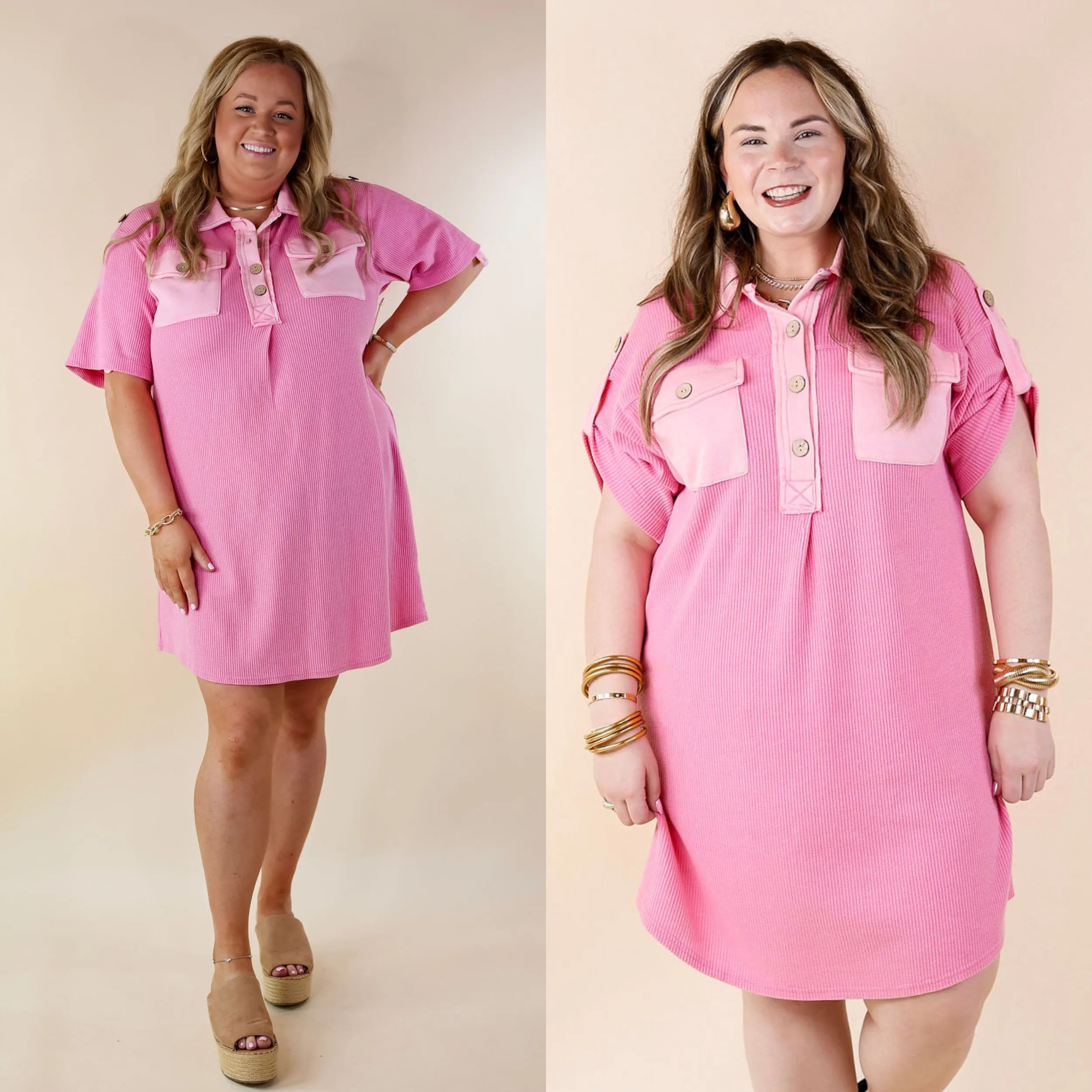 Vibe Check Waffle Knit Collared Dress in Pink