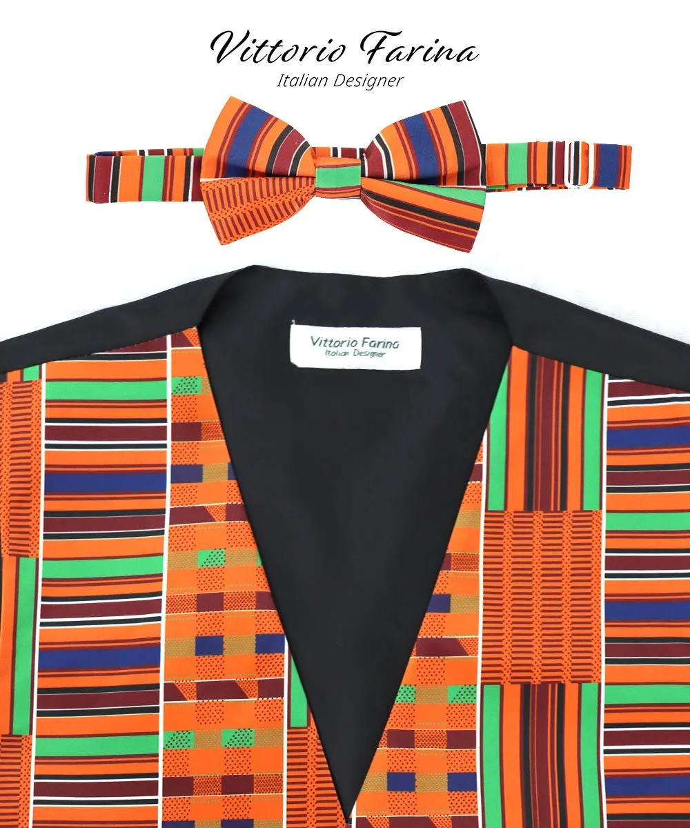 Vittorio Farina Men's Kente Satin Vest and Bow Tie Set