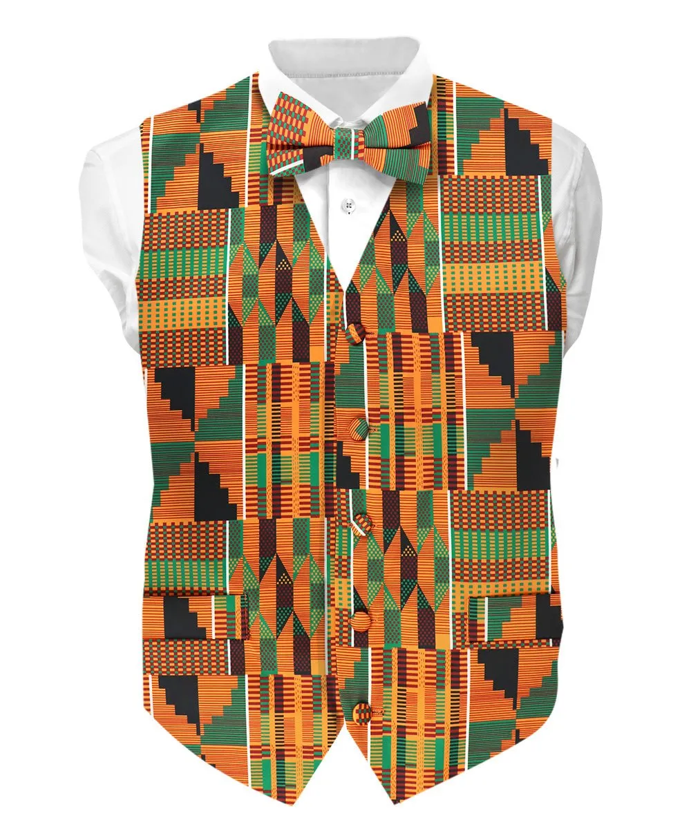 Vittorio Farina Men's Kente Satin Vest and Bow Tie Set