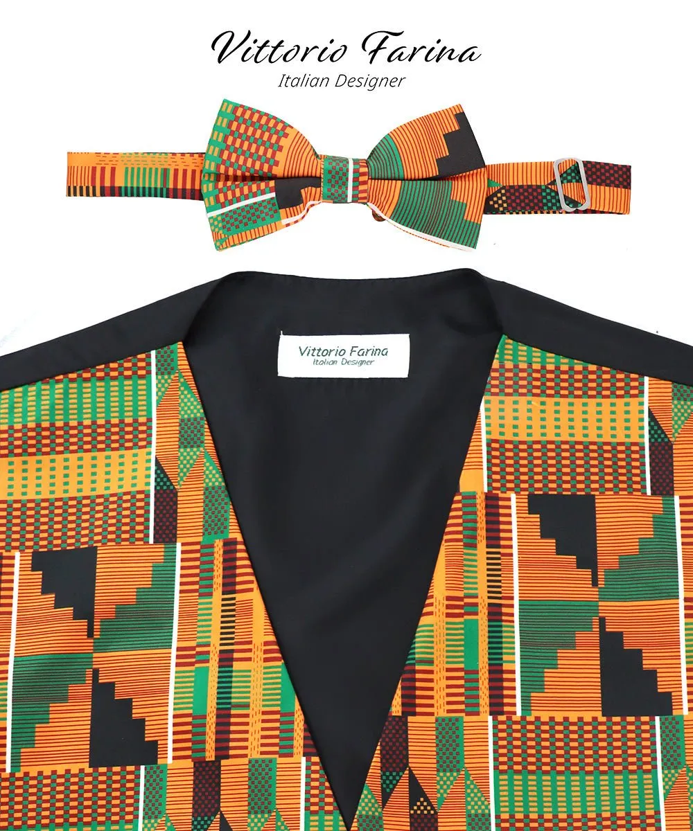 Vittorio Farina Men's Kente Satin Vest and Bow Tie Set