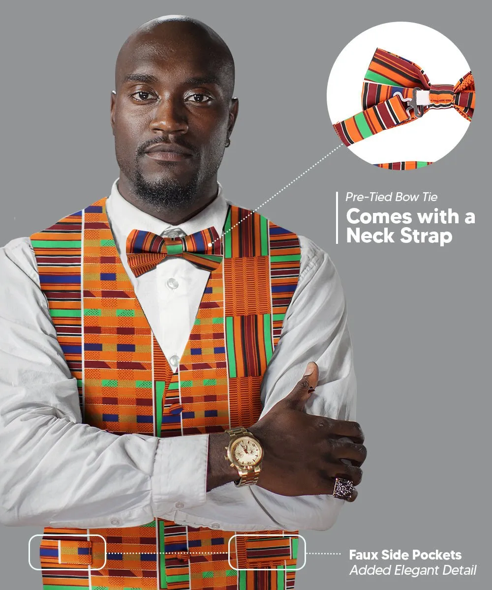 Vittorio Farina Men's Kente Satin Vest and Bow Tie Set