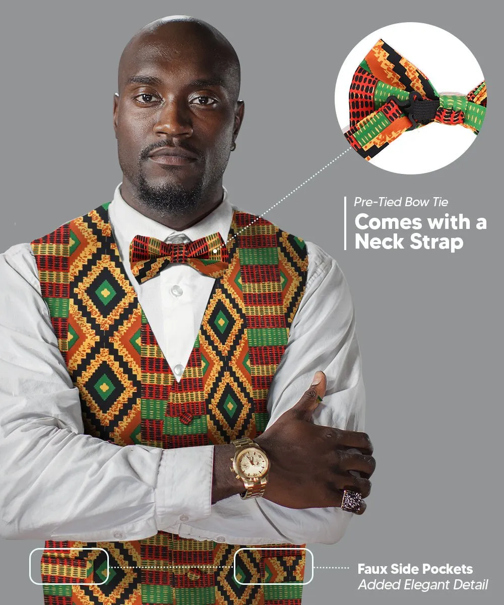 Vittorio Farina Men's Kente Satin Vest and Bow Tie Set