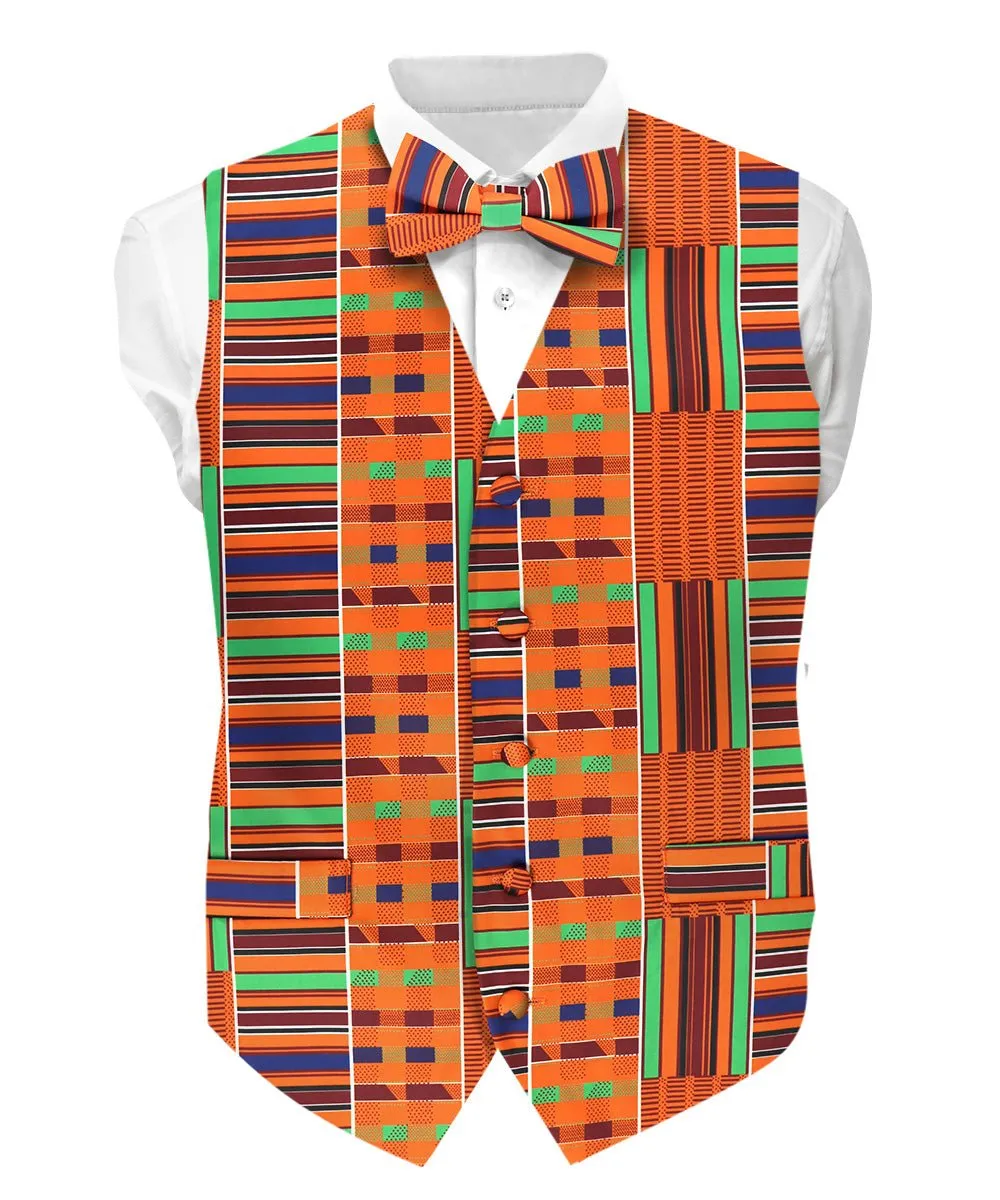 Vittorio Farina Men's Kente Satin Vest and Bow Tie Set