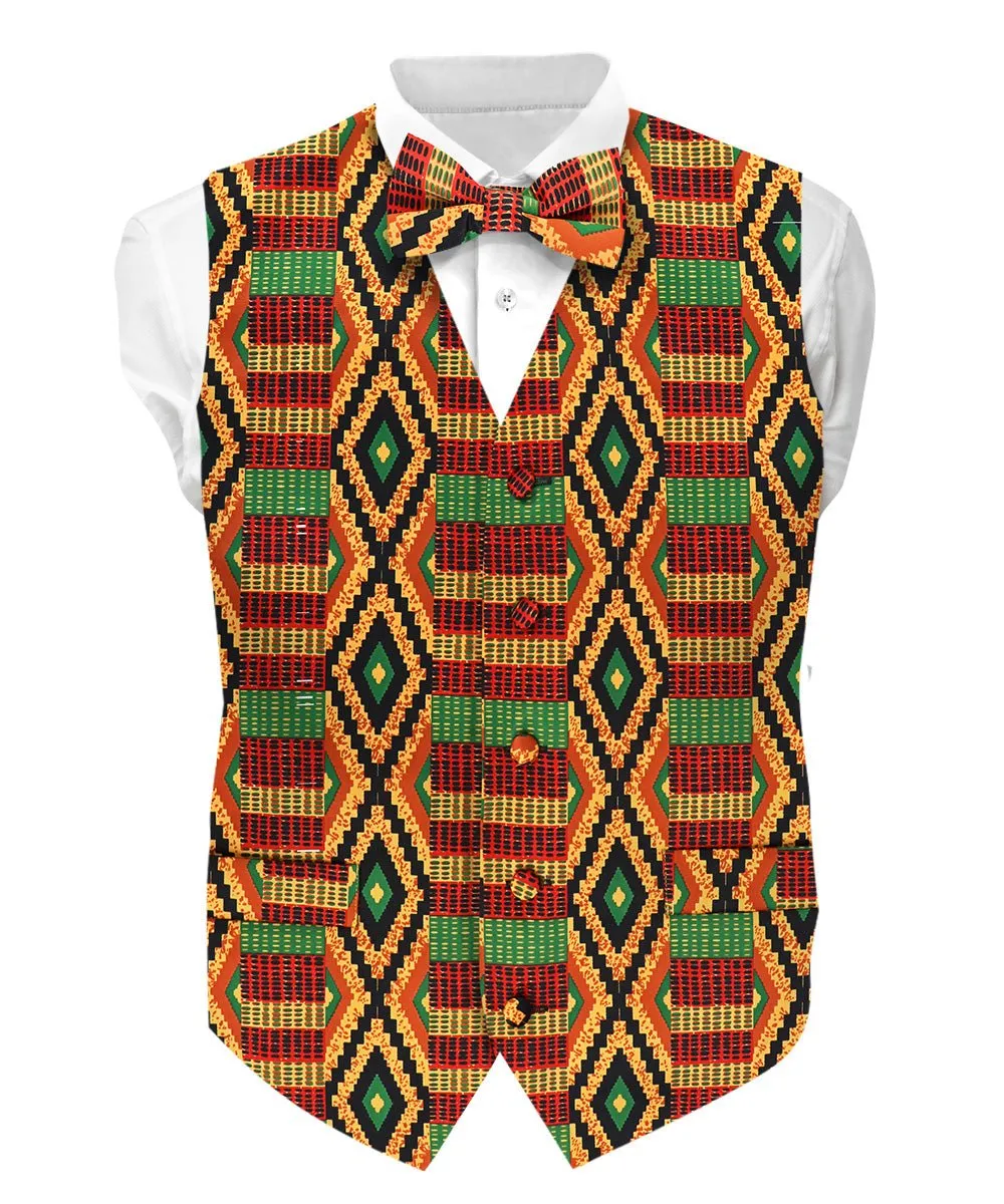 Vittorio Farina Men's Kente Satin Vest and Bow Tie Set