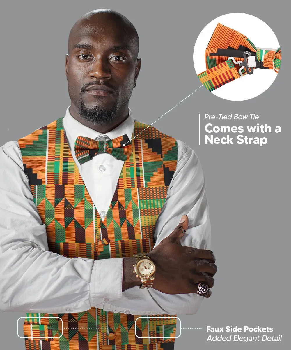 Vittorio Farina Men's Kente Satin Vest and Bow Tie Set