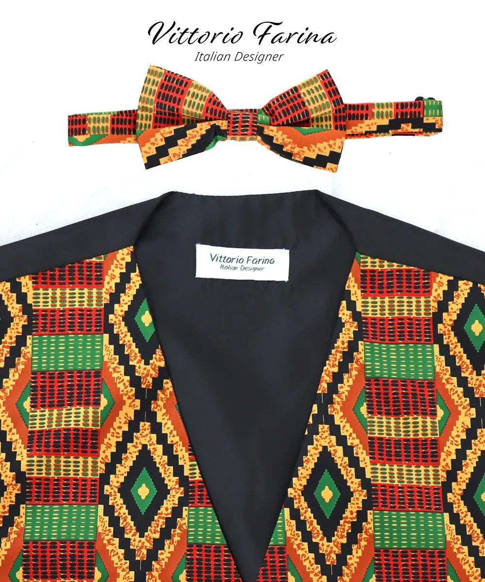 Vittorio Farina Men's Kente Satin Vest and Bow Tie Set