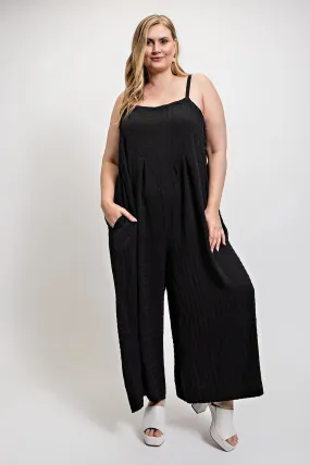 Voluptuous ( ) Texture Woven Sleeveless Plus Size Women's Jumpsuit With Side Button