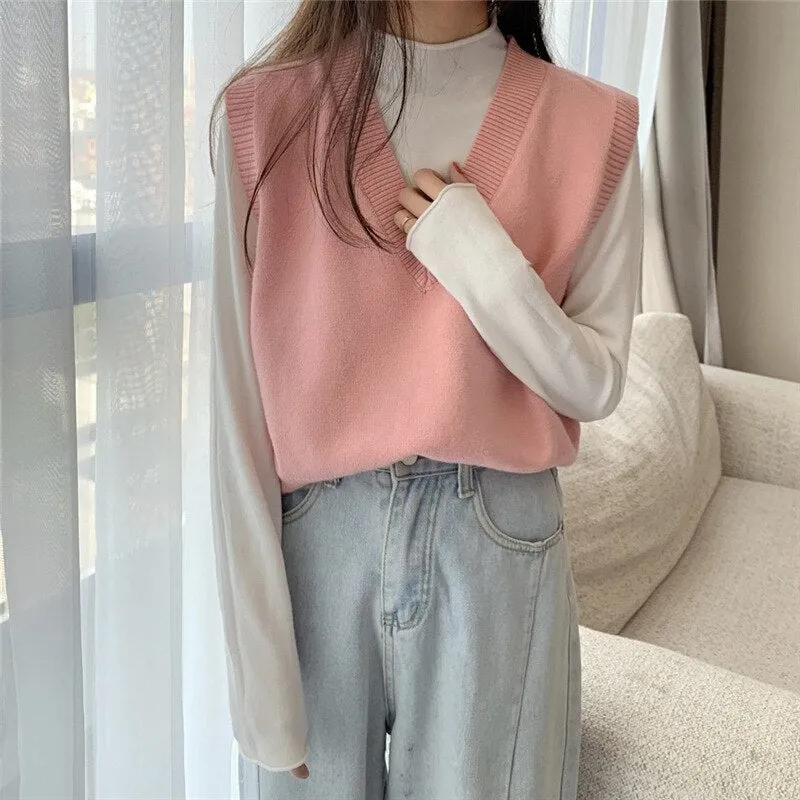 Wenkouban Women's Knitted Vest Simple Solid Sleeveless Pullover Autumn Winter Korean V Neck Loose Sweater Vest Female Waistcoat Chic Tops