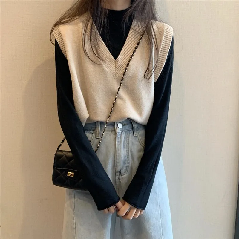 Wenkouban Women's Knitted Vest Simple Solid Sleeveless Pullover Autumn Winter Korean V Neck Loose Sweater Vest Female Waistcoat Chic Tops