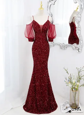 Wine Red Sequins Mermaid Long Party Dress, Wine Red Evening Dress Prom Dress