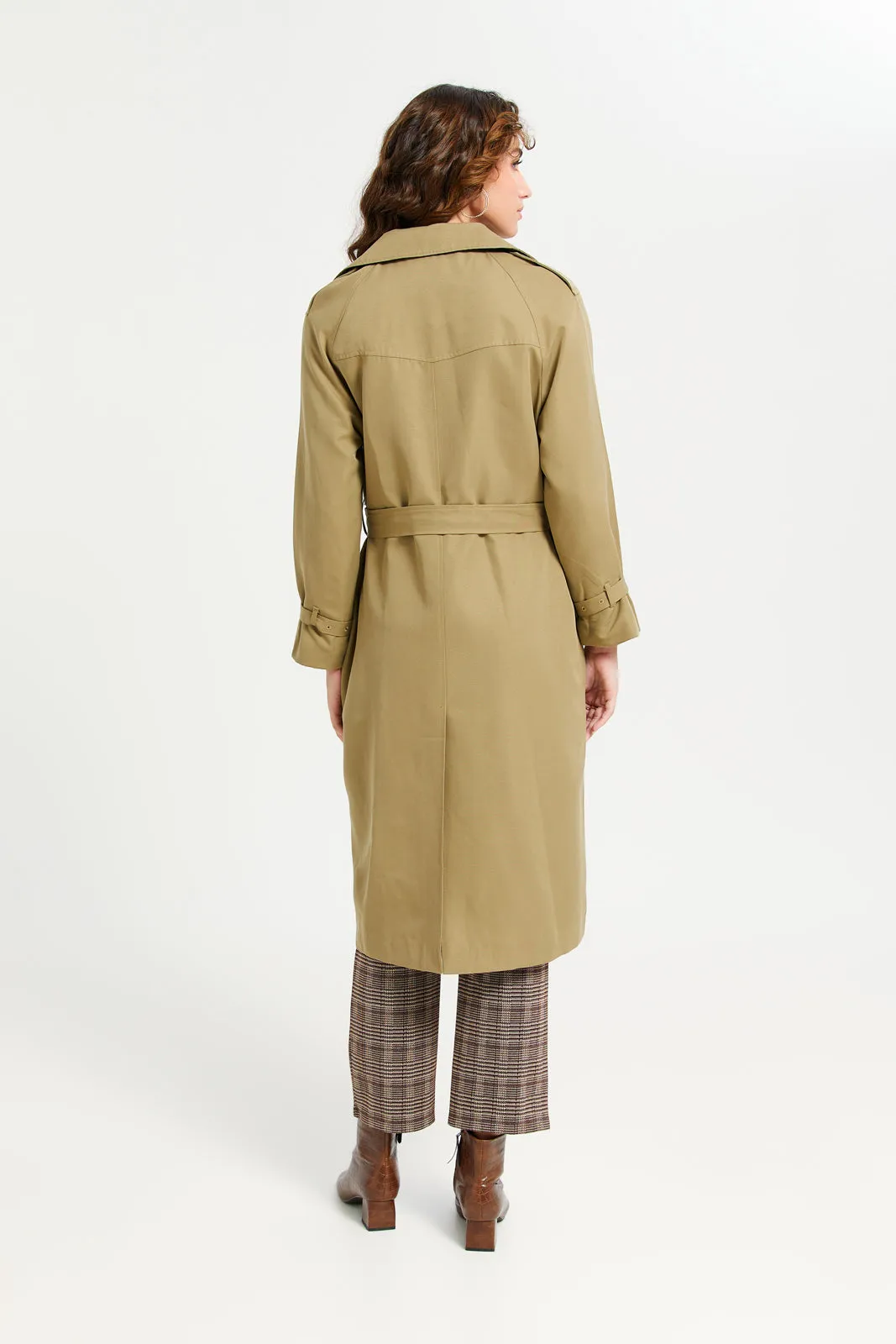 Women Beige Plain Belted Trench Coat