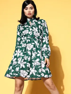 Women Emerald Green & White Floral Cuff Sleeves Dress