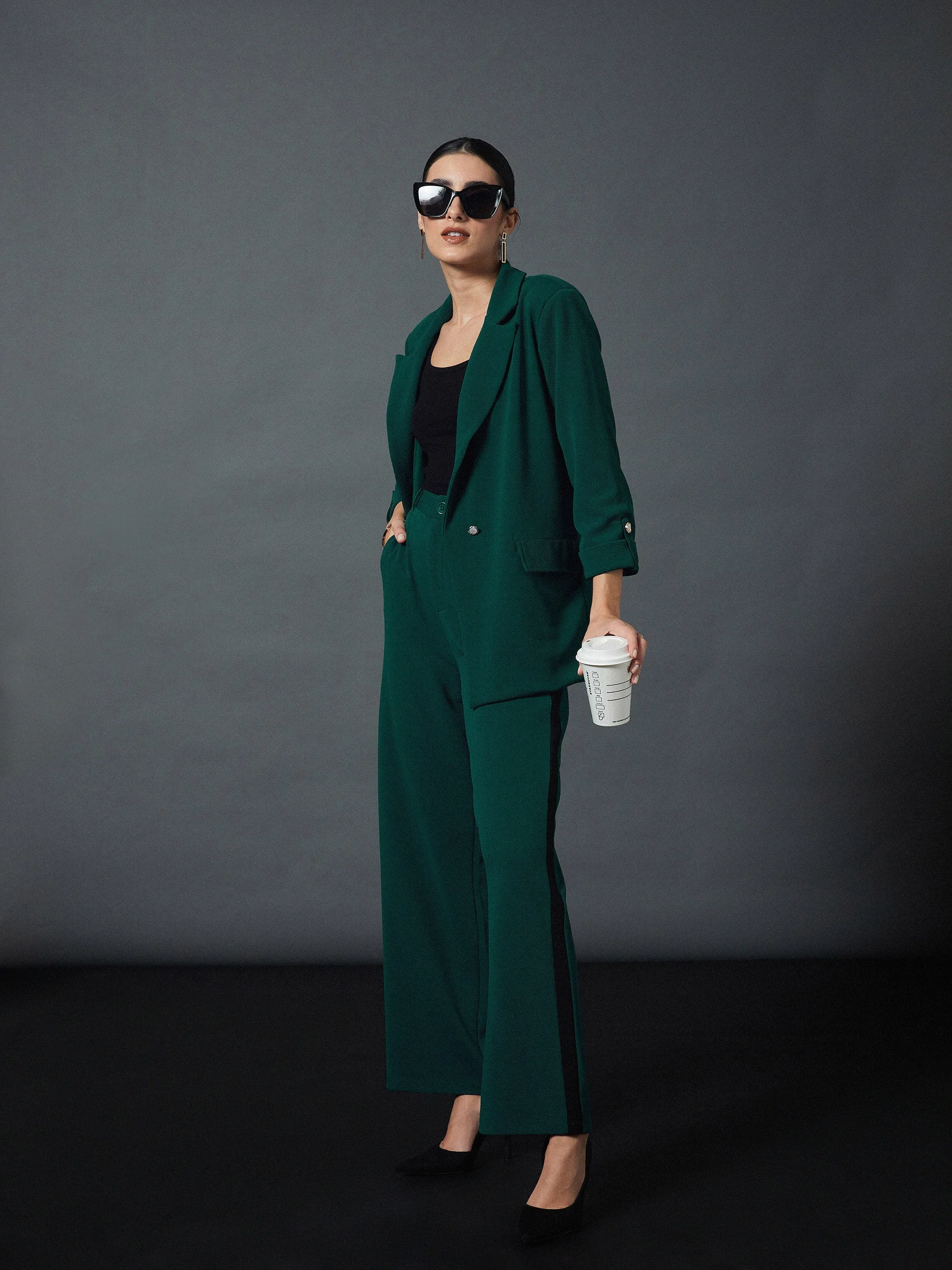 Women Emerald Green Front Button Blazer