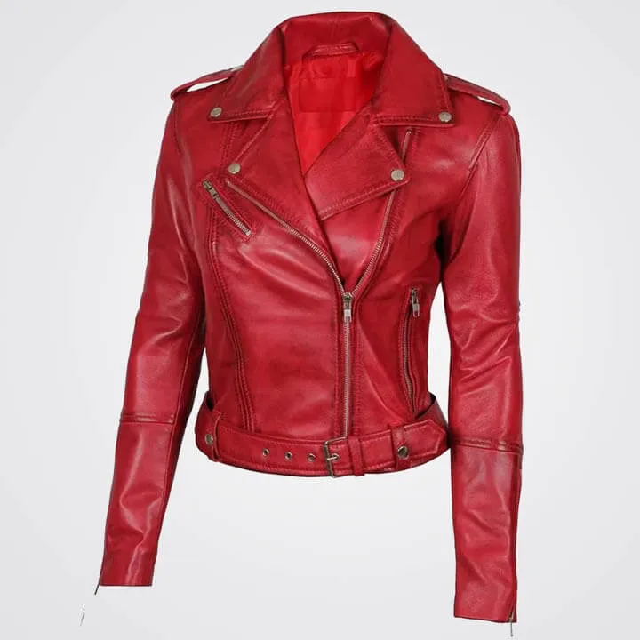 Women Red Genuine Lambskin Leather Motorcycle Jacket