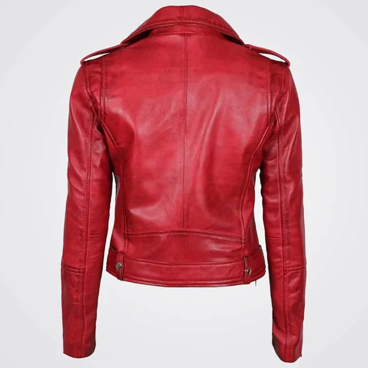 Women Red Genuine Lambskin Leather Motorcycle Jacket