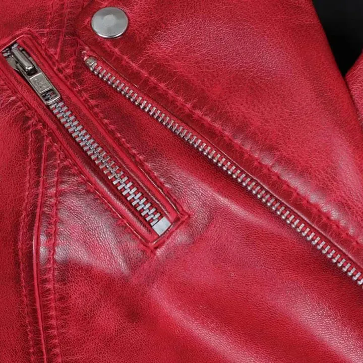 Women Red Genuine Lambskin Leather Motorcycle Jacket