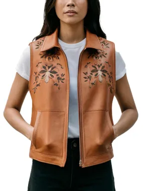 Women's Floral Pattern Elegant Design Brown Leather Vest