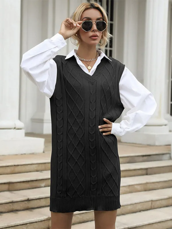 Women's Long Solid Color V-Neck Vest Vest Knitted Sweater Dress