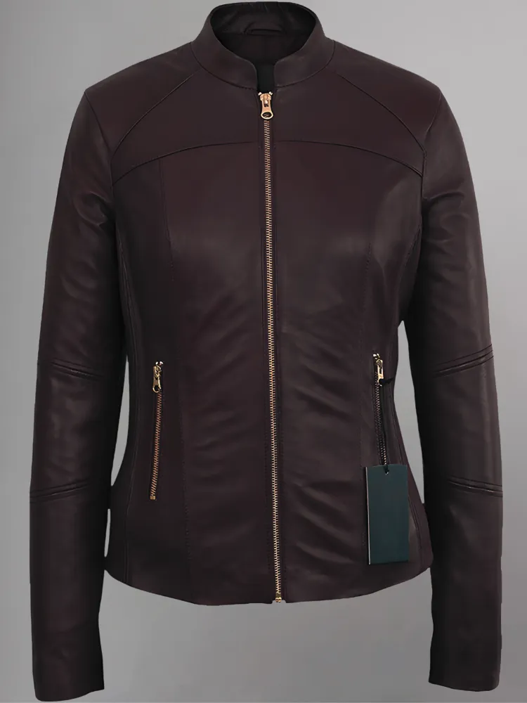 WOMEN’S MOTO BURGUNDY LAMBSKIN REAL LEATHER JACKET