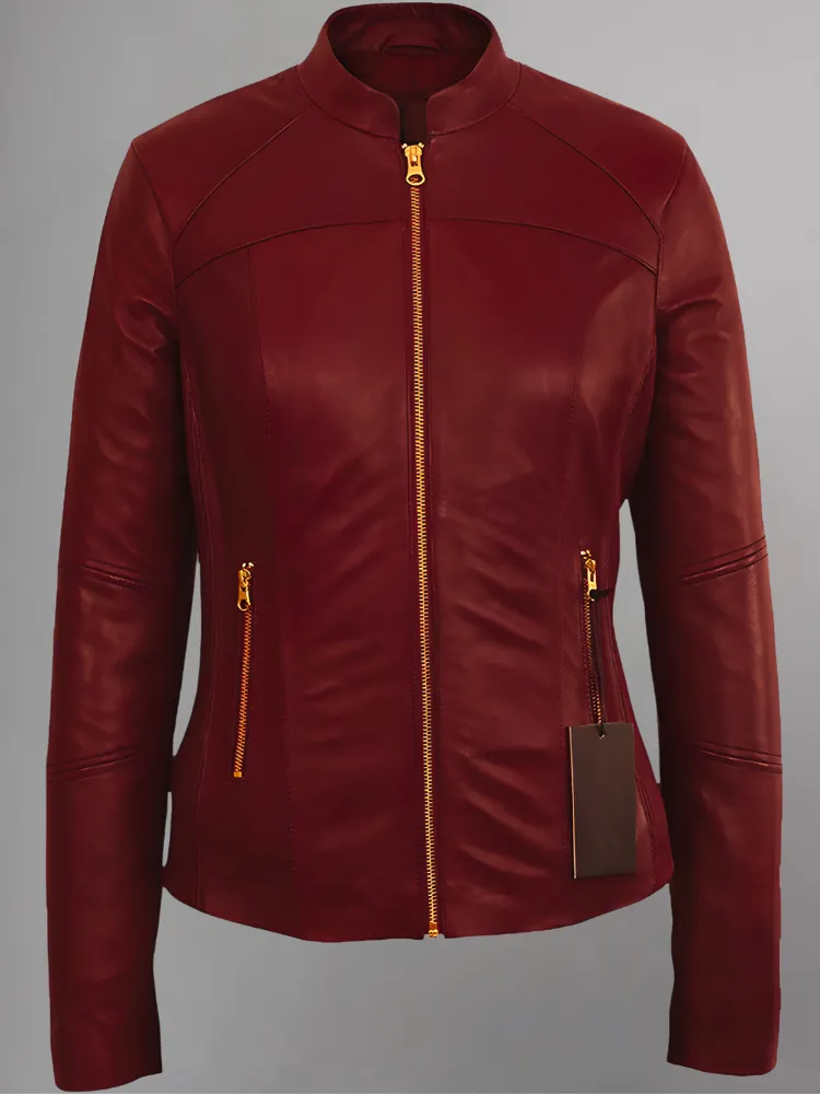 WOMEN’S MOTO BURGUNDY LAMBSKIN REAL LEATHER JACKET