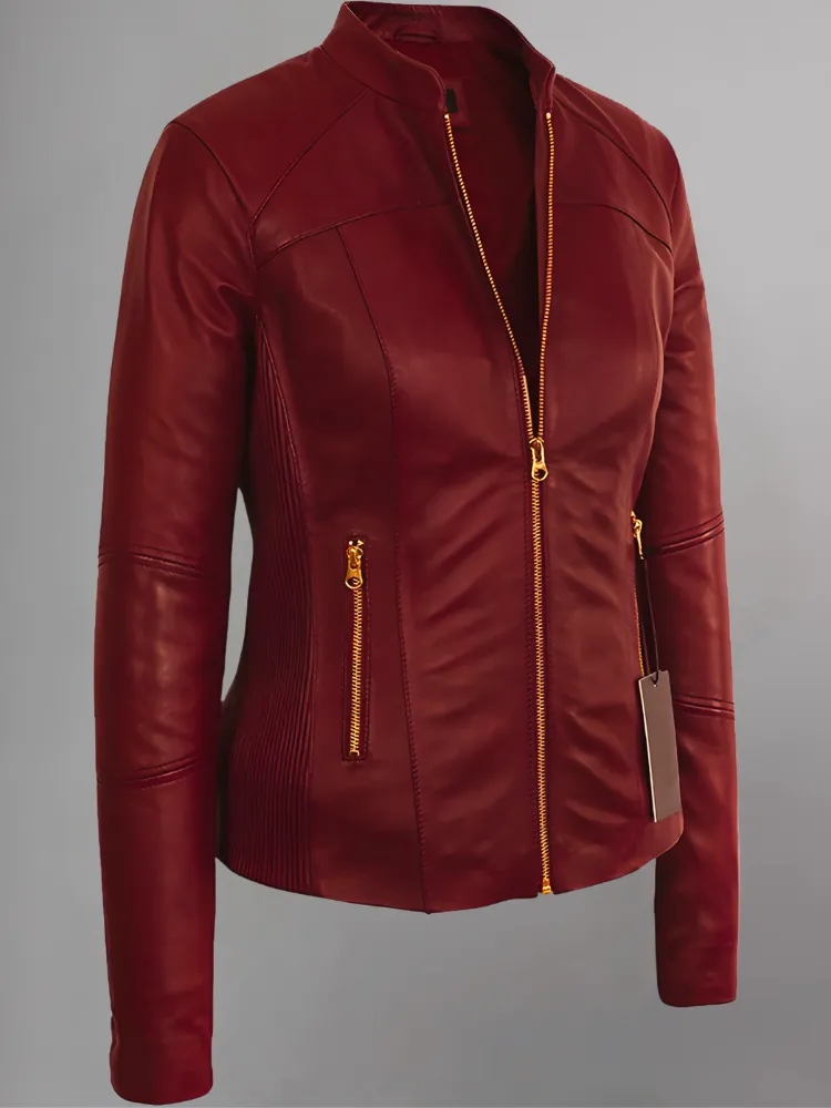 WOMEN’S MOTO BURGUNDY LAMBSKIN REAL LEATHER JACKET