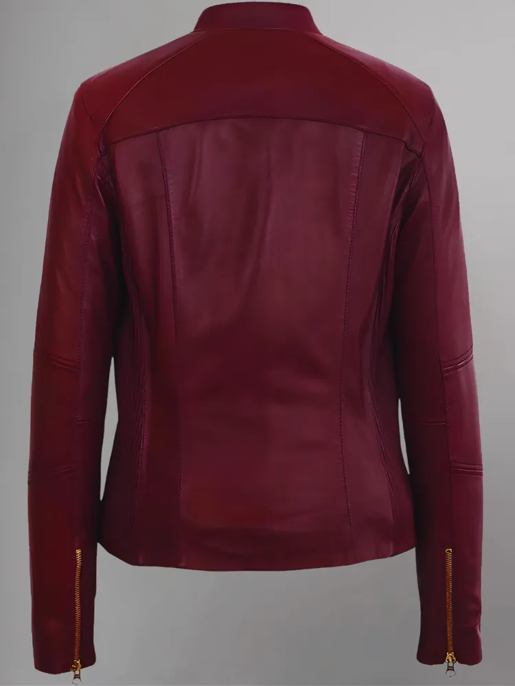 WOMEN’S MOTO BURGUNDY LAMBSKIN REAL LEATHER JACKET